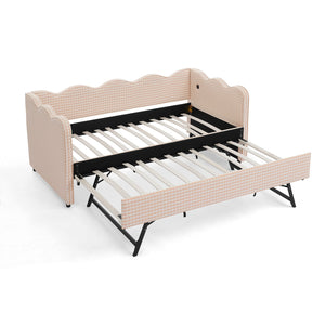 English Elm Cozy Twin Gingham Daybed with Trundle Sofa Bed, Linen Upholstery, USB Port, Wave Frame Design Pink W1413S00099