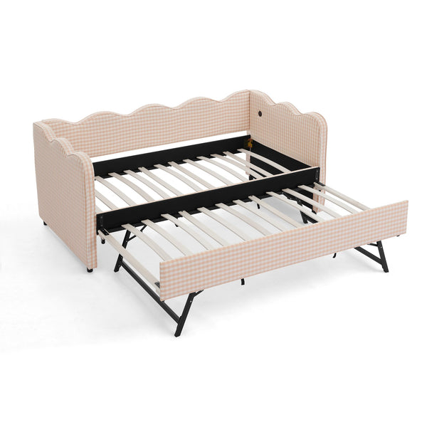 English Elm Cozy Twin Gingham Daybed with Trundle Sofa Bed, Linen Upholstery, USB Port, Wave Frame Design Pink W1413S00099