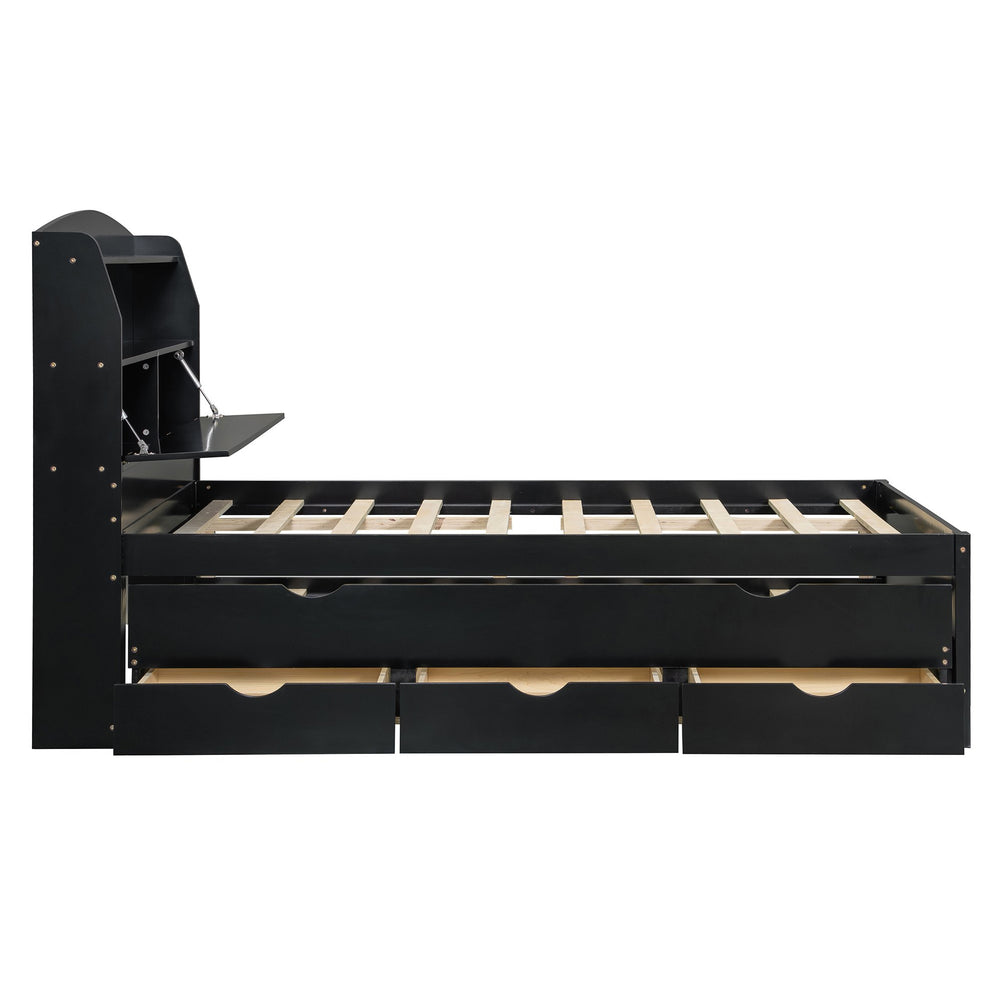 English Elm Full Size Wooden Led Platform Bed With Trundle, Storage Headboard & Usb Charging In Espresso Finish N820S10009D