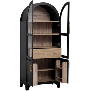 English Elm K&K Arched 71" Kitchen Pantry Cabinet with Glass Doors, Brass Handles, Adjustable Shelves & Drawer Black N707P288969B