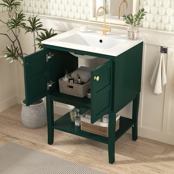 English Elm 24'' Retro Green Bathroom Vanity with Glossy Resin Basin, Solid Wood Feet, Soft-Close Doors, Ample Storage, Metal Handles (Modern) WF324870AAF