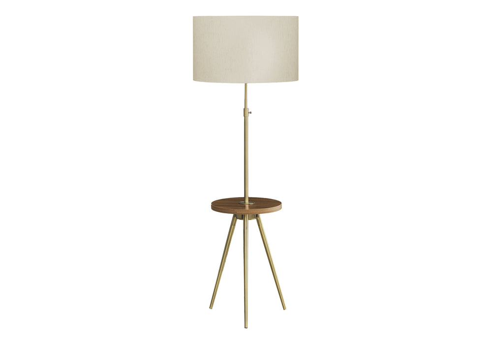 English Elm Lighting, Modern Tripod Floor Lamp with Linen Drum Shade, Adjustable Neck, Walnut Shelf, 66" Gold 21 L x 21 W x 16 H B2710P221305