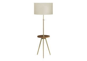 English Elm Lighting, Modern Tripod Floor Lamp with Linen Drum Shade, Adjustable Neck, Walnut Shelf, 66" Gold 21 L x 21 W x 16 H B2710P221305