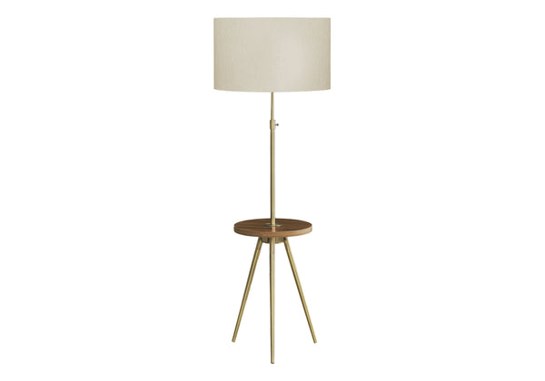 English Elm Lighting, Modern Tripod Floor Lamp with Linen Drum Shade, Adjustable Neck, Walnut Shelf, 66" Gold 21 L x 21 W x 16 H B2710P221305