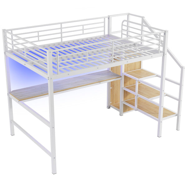 English Elm Full Size Metal Loft Bed With Desk, Storage Staircase, Wardrobe & Led Light For Small Spaces GX000620AAK-1