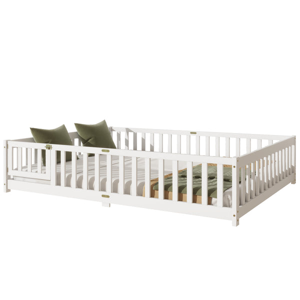 English Elm Queen Floor Bed with Safety Fence and Guardrails, Rubberwood Low Profile Platform for Kids White W504P286387