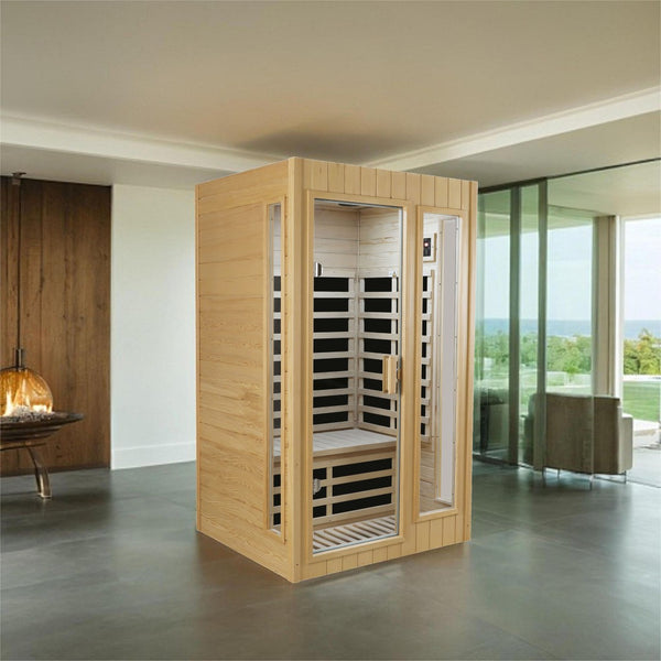 English Elm Hemlock Wood Two Person Far Infrared Indoor Sauna with Bluetooth and Led Lighting W2611S00002