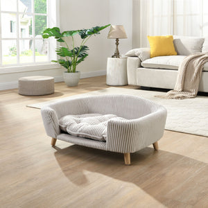 English Elm Elevated Pet Sofa with Corduroy Upholstery Rubberwood Legs and Supportive Foam for Small Dogs Beige N779P395017A
