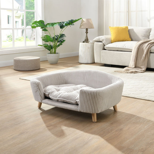 English Elm Elevated Pet Sofa with Corduroy Upholstery Rubberwood Legs and Supportive Foam for Small Dogs Beige N779P395017A