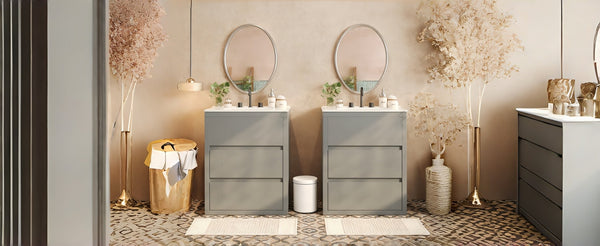 English Elm Christopher Knight Home® - 60" Double Sinks Bathroom Vanity Set with Two Ceramic Basins, Soft-Close Drawers, Sleek Handle-Free Design Gray N817P280550G