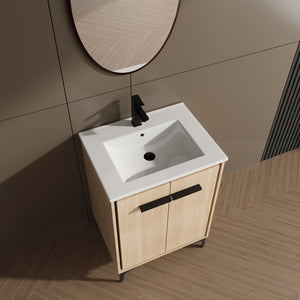English Elm 24 Inch Oak Bathroom Vanity Base with Basin — Engineered Wood, Double-Door Storage, Minimalist Chic W1972S00003
