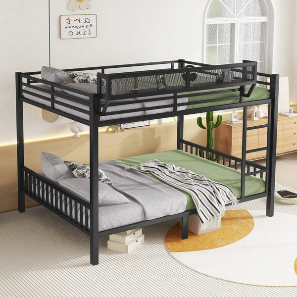 English Elm Queen Over Queen Metal Bunk Bed With Sturdy Ladder, Storage Shelf & Stylish Black Finish For Teens W2580S00043-GIGA