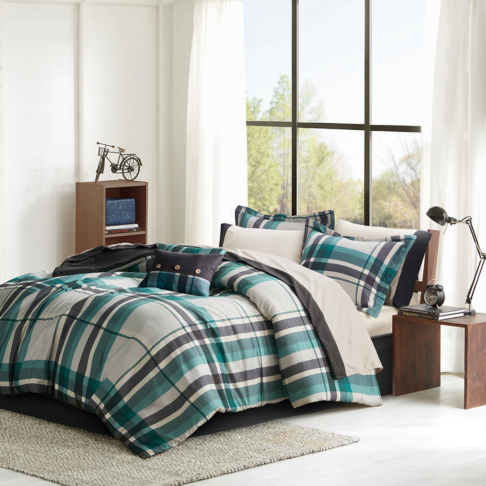 JLA Home Intelligent Design - Plaid Hypoallergenic Comforter Set with Grey Black Teal Plaid, Black-Cuffed Sheets & Bedskirt 90 L x 90 W x 1H ID10-2433