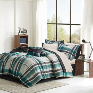 JLA Home Intelligent Design - Plaid Hypoallergenic Comforter Set with Grey Black Teal Plaid, Black-Cuffed Sheets & Bedskirt 90 L x 90 W x 1H ID10-2433
