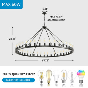 English Elm 64 Inch Wagon Wheel Chandelier 42 Light Matte Black Farmhouse Pendant for Vaulted Rooms W5008P389353
