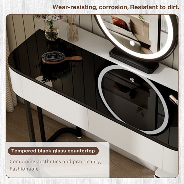 English Elm Modern Glass Top Vanity Table with Adjustable Legs Storage Cabinet and Round Mirror W3767P442396