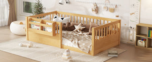 English Elm Twin Low Profile Kids Floor Bed Pine Wood Frame with Safety Rail and Built in Bookshelf Natural W1580P373137