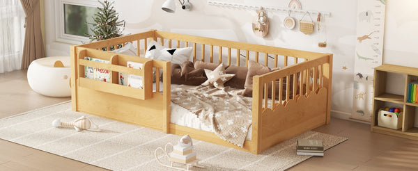 English Elm Twin Low Profile Kids Floor Bed Pine Wood Frame with Safety Rail and Built in Bookshelf Natural W1580P373137