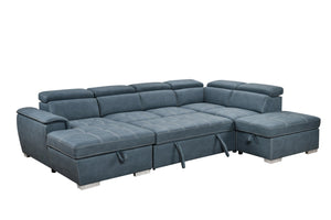 English Elm 128"Sofa U-Shaped Sectional with Pull-Out Bed, Storage Chaises, Adjustable Headrests for Comfort Blue W1417S00086