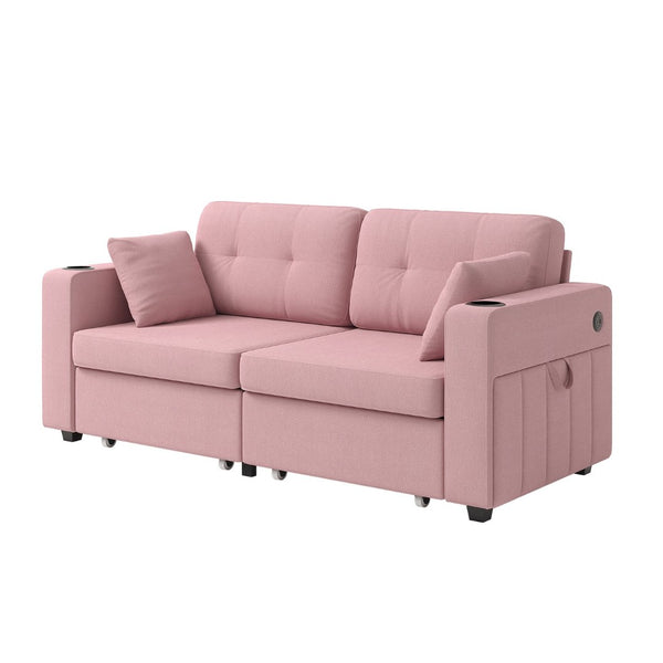 English Elm Sofas for Living Room Chenille Three Seat Couch with Usb Charging Storage and Cup Holder Pink W395S00147