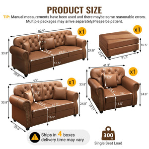 English Elm Upholstered Faux Leather Chesterfield Sofa Button Tufted with Nailhead and Six Pillows Brown W1885S00433