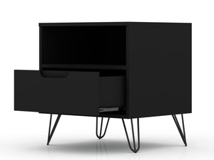 English Elm Rockefeller 20" Nightstand with Drawer and Open Shelf, Metal Splayed Legs, Modern Storage Accent Black B365P398145