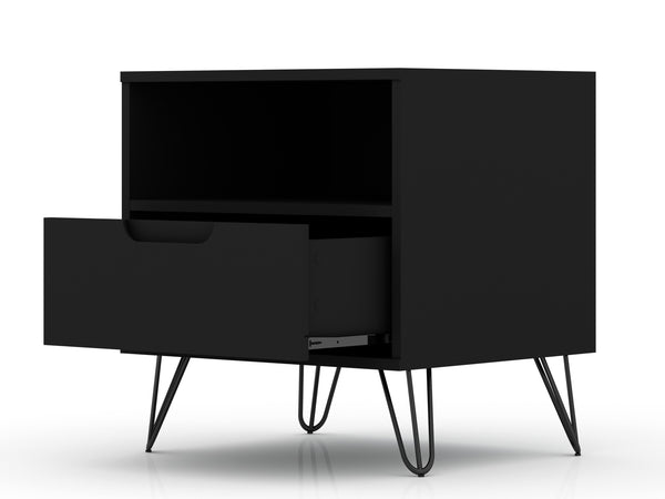 English Elm Rockefeller 20" Nightstand with Drawer and Open Shelf, Metal Splayed Legs, Modern Storage Accent Black B365P398145