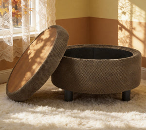 English Elm 25 Inch Round Fabric Pouf Ottoman with Removable Wooden Lid and Hidden Interior Storage Coffee W5568P461367