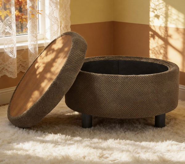 English Elm 25 Inch Round Fabric Pouf Ottoman with Removable Wooden Lid and Hidden Interior Storage Coffee W5568P461367