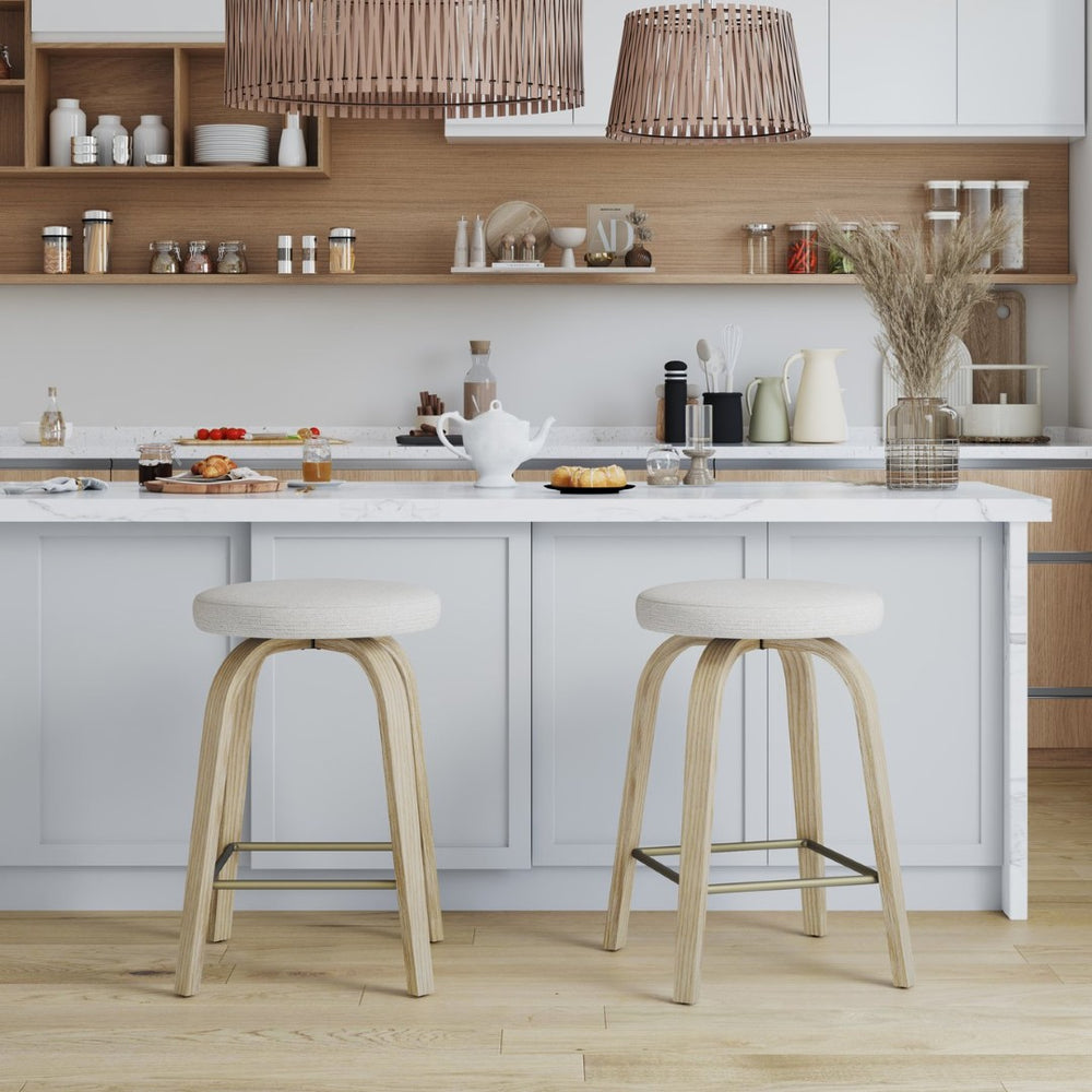 English Elm Swivel Backless Counter Stools Set of 2 with Fabric Seat Bentwood Legs Mid-century Modern Beige W3107P446979