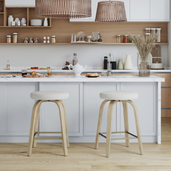 English Elm Swivel Backless Counter Stools Set of 2 with Fabric Seat Bentwood Legs Mid-century Modern Beige W3107P446979