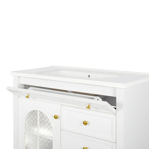 English Elm 35.6" Freestanding Bathroom Vanity with Roman Column Base and Ceramic Integrated Sink White W1801S00011