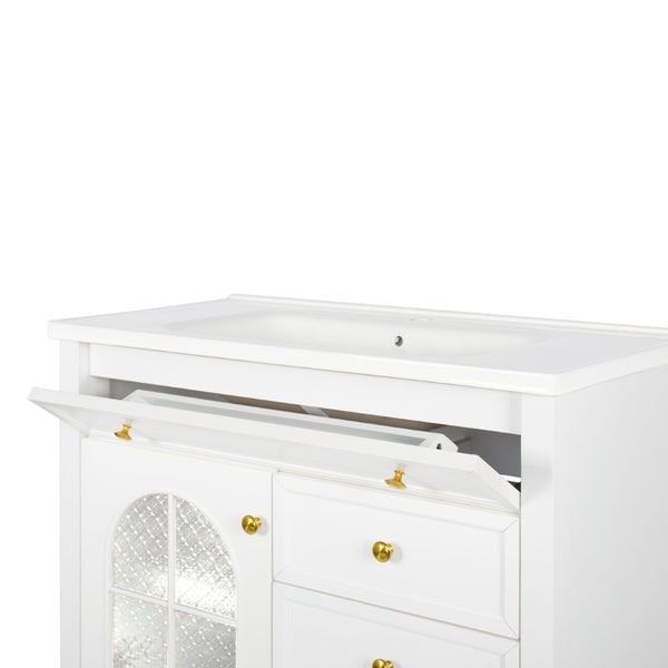 English Elm 35.6" Freestanding Bathroom Vanity with Roman Column Base and Ceramic Integrated Sink White W1801S00011