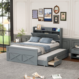 English Elm Full Full Size Wooden Bed with Storage Headboard, Built-In Outlets, Trundle & 3 Drawers for Space-Saving Bedrooms Gray 80.51 L x 17.12 W x 4.57 H N733S172712E