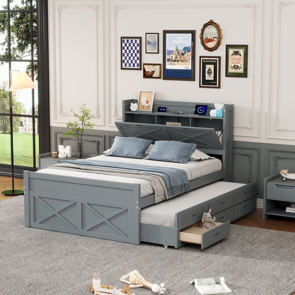 English Elm Full Full Size Wooden Bed with Storage Headboard, Built-In Outlets, Trundle & 3 Drawers for Space-Saving Bedrooms Gray 80.51 L x 17.12 W x 4.57 H N733S172712E