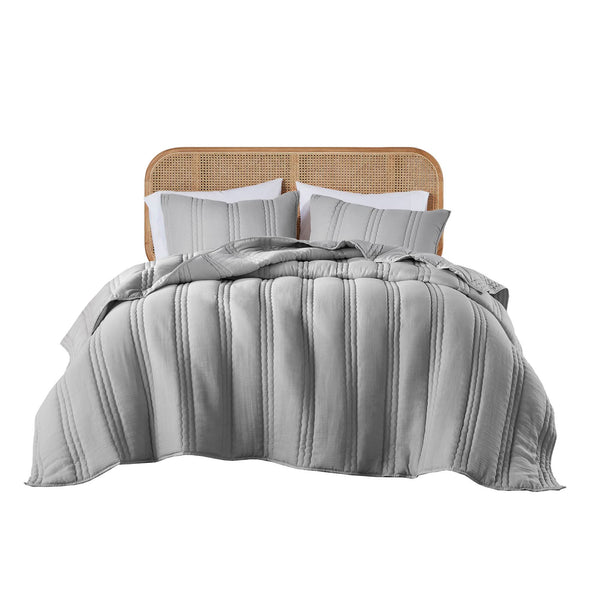 English Elm 3 Pcs King/Cal King Quilt Set - Soft Gray Poly Gauze, Antimicrobial, Lightweight & Easy Care! B035P319904