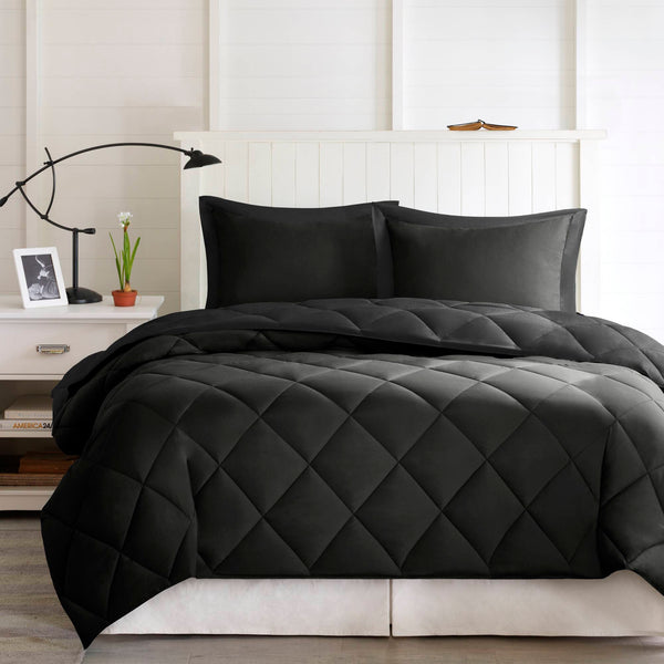 JLA Home Madison Park Essentials - 3M Ultra-Soft Microfiber Reversible Comforter Set with Diamond Quilting, Scotchgard Stain & Odor Defense Black/Black BASI10-0283