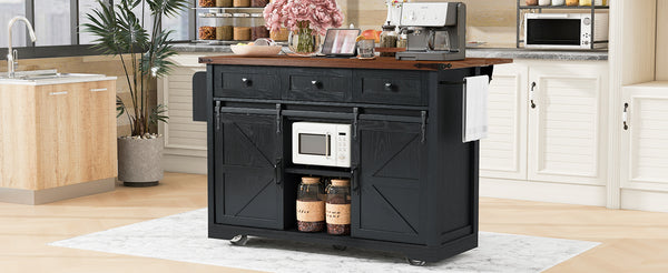 English Elm K&K 53.7" Farmhouse Kitchen Island with Drop Leaf, Sliding Barn Doors, Built-In Power & Wheels Black N707P170347B
