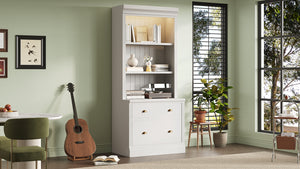 English Elm 83.4"Tall Modern Bookshelf With Led Lighting, 2 Drawers & 3 Adjustable Shelves For Stylish Storage Solutions N751S280594K