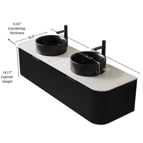 English Elm Dina 60 Inch Floating Bathroom Vanity Sintered Stone Top Dual Glass Basins Wood Grain Black,Carrara White W2615S00707