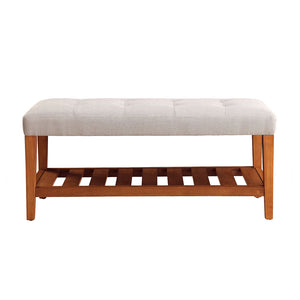 English Elm Fabric Upholstered Bench with Tufted Padded Seat, Open Lower Shelf, Tapered Wood Legs, 43"L Light Gray,Oak B016P311079