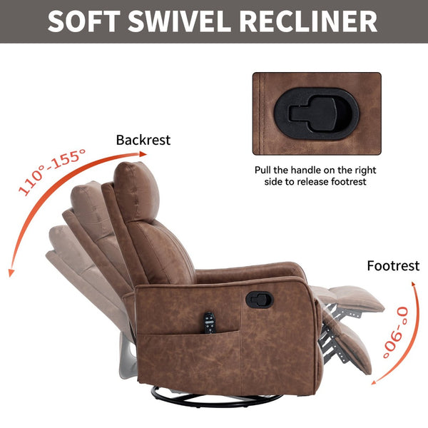 English Elm Beige Fabric Swivel Rocker Recliner with Massage Nodes and Lumbar Heat for Living Room Brown W1803P363426