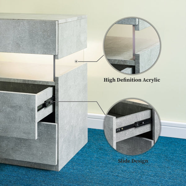 English Elm Led Nightstand with Rgb Acrylic Glow Panel Three Drawers Walnut Bedroom Table Gray W2178P412305
