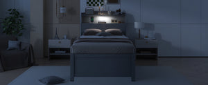 English Elm Twin LED Platform Bed with Trundle and Under-Storage Drawers, Flip-Up Headboard, USB Ports Gray N820S10008E