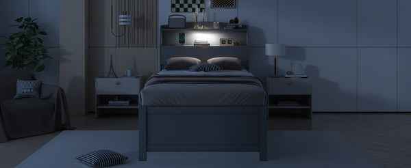 English Elm Twin LED Platform Bed with Trundle and Under-Storage Drawers, Flip-Up Headboard, USB Ports Gray N820S10008E