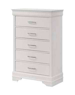 English Elm 5-Drawer Tall Chest 31.5"x15.8"x48.3" White Texture Finish Solid Wood with Crystal Tufted Handles, Nickel Accents B011P304433