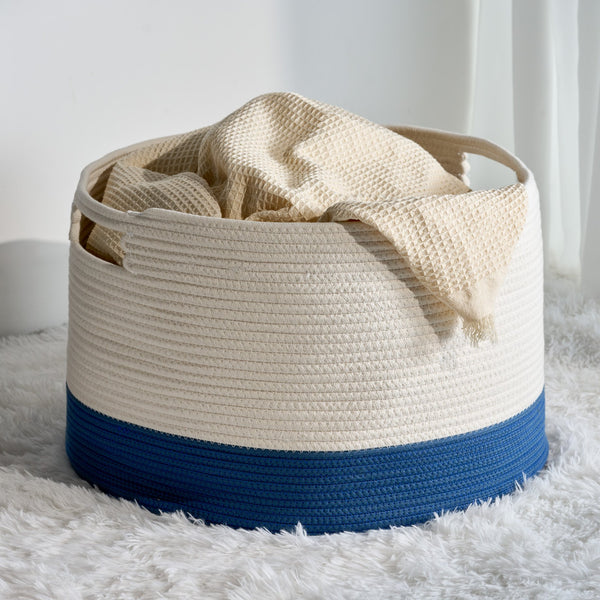 English Elm Cotton Round Laundry & Storage Basket with Sturdy Handles 21.7"x13" Spacious Neutral Two-Tone Design White+Blue B093P295112