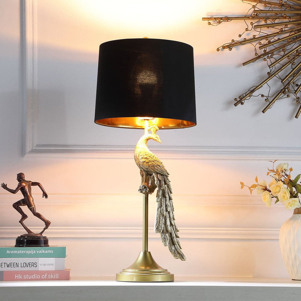 English Elm 29" Golden Peacock Table Lamp on Pedestal - Polyresin Art Sculpture, Black Gold-Lined Shade, 29" B072P222439