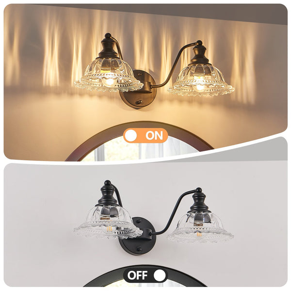 English Elm 20 Inch 2-Light Vintage Bathroom Wall Sconce with Iron and Glass Shades – Elegant Vanity Lighting for Mirror and Hallway Black W2312P374842