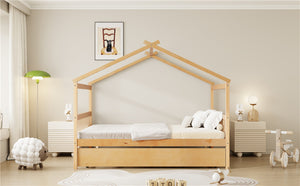 English Elm Full Size House Bed Solid Pinewood Frame with Pull Out Twin Trundle for Kids Natural LP000305AAM-1